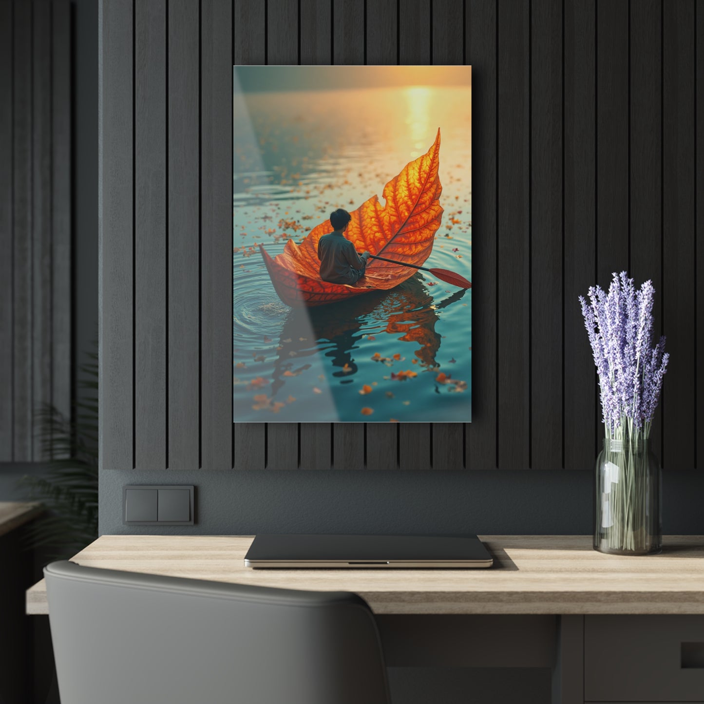 Serene Acrylic Print - Tranquil Water Scene, Wall Art for Home Decor, Nature Lover Gift, Unique Artwork, Boat Leaf Design