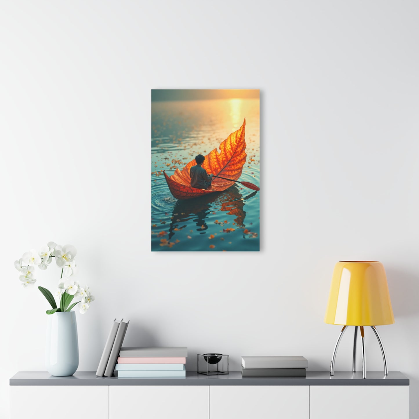 Serene Acrylic Print - Tranquil Water Scene, Wall Art for Home Decor, Nature Lover Gift, Unique Artwork, Boat Leaf Design