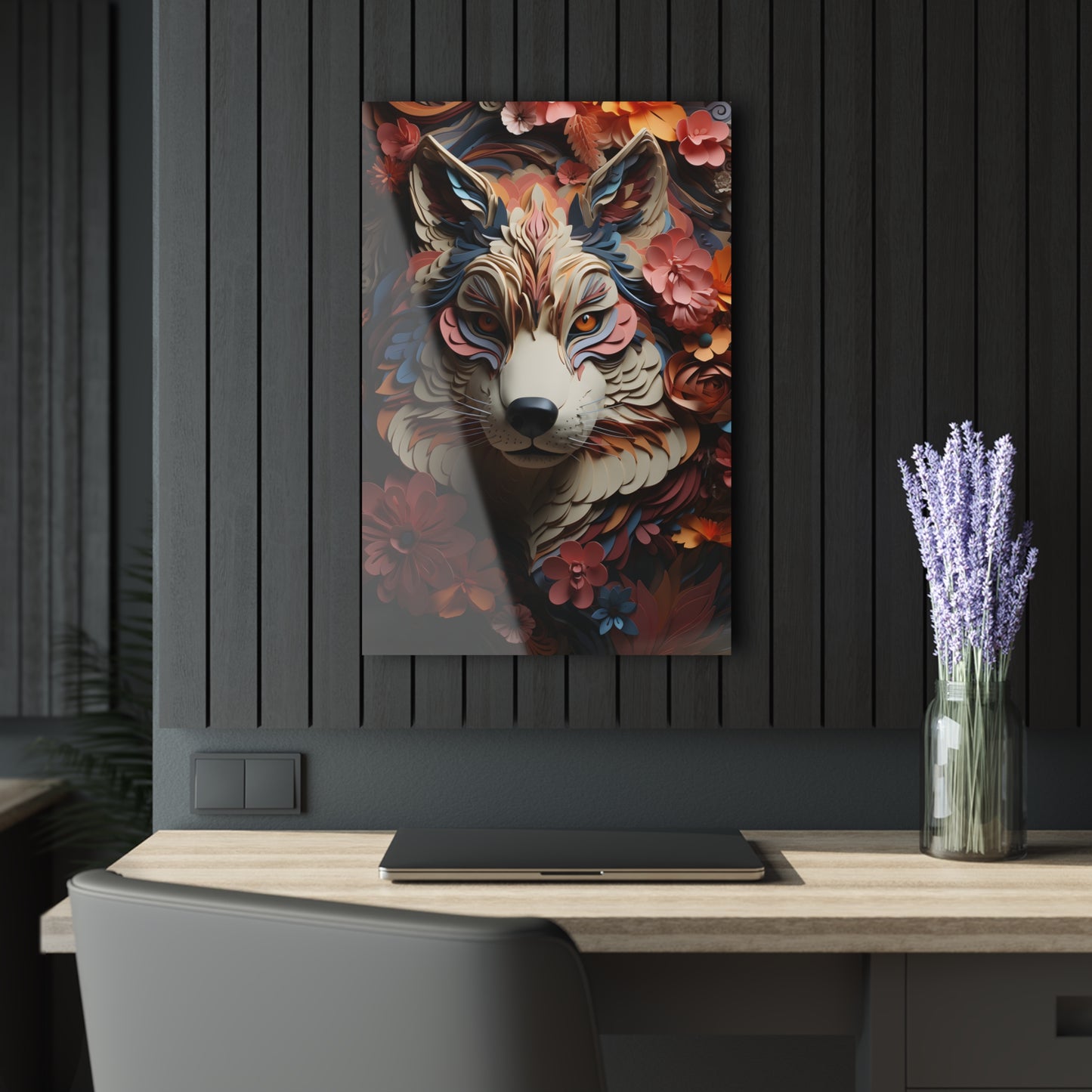 Artistic Acrylic Wall Print - Floral Wolf Decor, Home Aesthetic, Gift for Animal Lovers, Unique Wall Art, Modern Interior Design