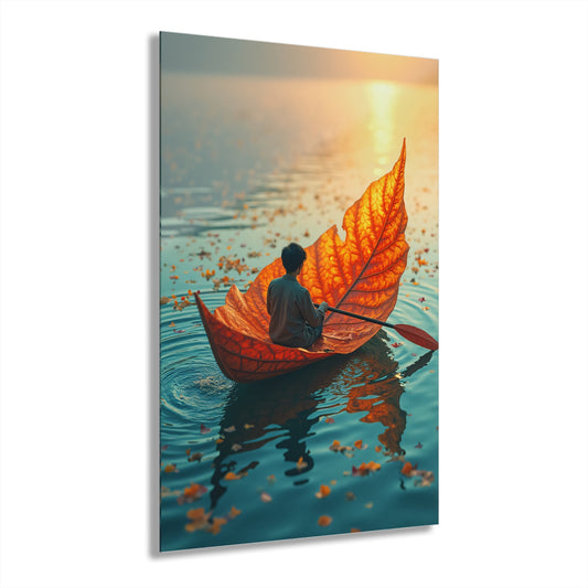 Serene Acrylic Print - Tranquil Water Scene, Wall Art for Home Decor, Nature Lover Gift, Unique Artwork, Boat Leaf Design