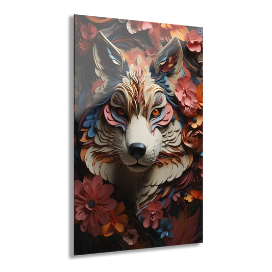 Artistic Acrylic Wall Print - Floral Wolf Decor, Home Aesthetic, Gift for Animal Lovers, Unique Wall Art, Modern Interior Design